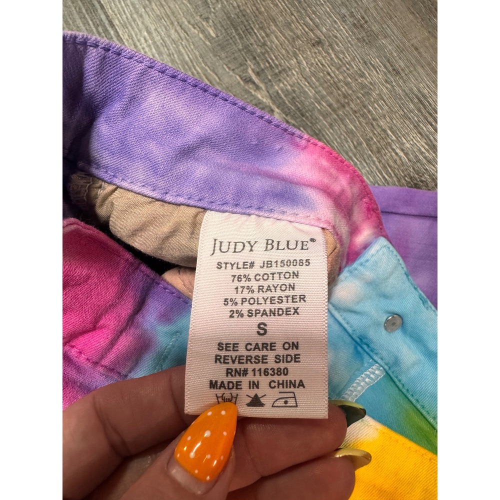 Judy Blue Rainbow Tie Dye Denim Shorts High Waist Raw Hem JB150065 Womens Small - Picture 3 of 6
